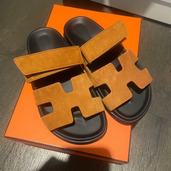 Hermes Shoes - NIB HERMES authentic brown suede chypre sandals gold caramel new in box 35 5